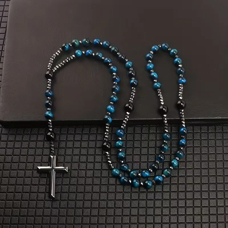 Colar com Pingente de Cruz e Contas Redondas de Olho de Tigre Azul de 8mm