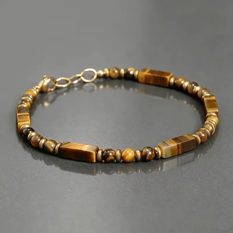 Pulseira unissexo artesanal natural com olho de tigre em tubo e contas redondas