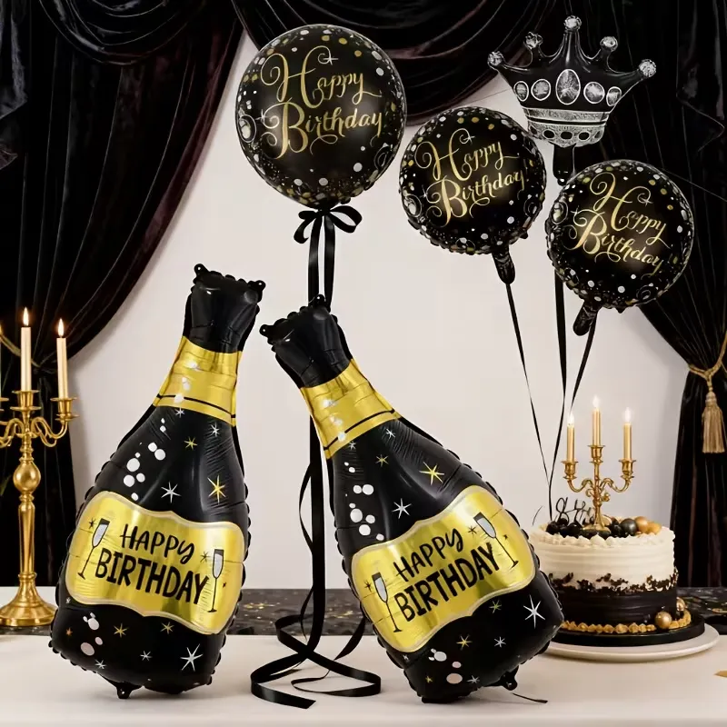 Conjunto de 5 Balões de Garrafa de Champanhe em Preto e Dourado, com Desejos de Aniver