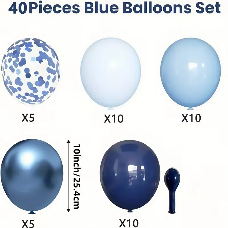 Balões Azuis 40pcs 25,4 cm Balões Azul Marinho Azul Claro Confetes Metálicos Conjunto